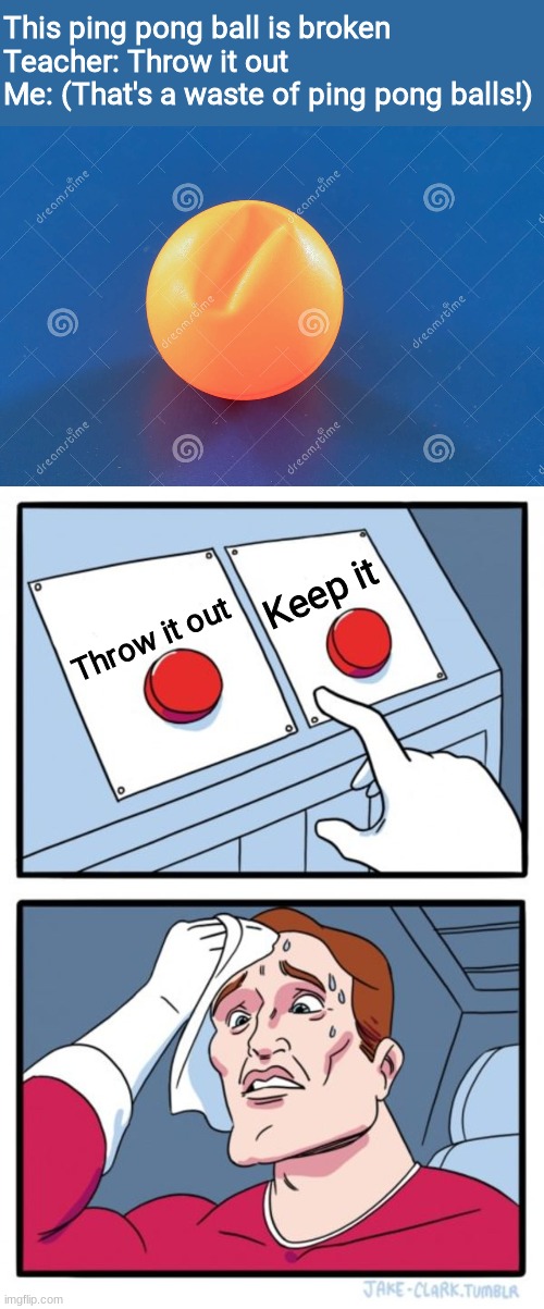 I kept it | This ping pong ball is broken
Teacher: Throw it out
Me: (That's a waste of ping pong balls!); Keep it; Throw it out | image tagged in memes,funny | made w/ Imgflip meme maker