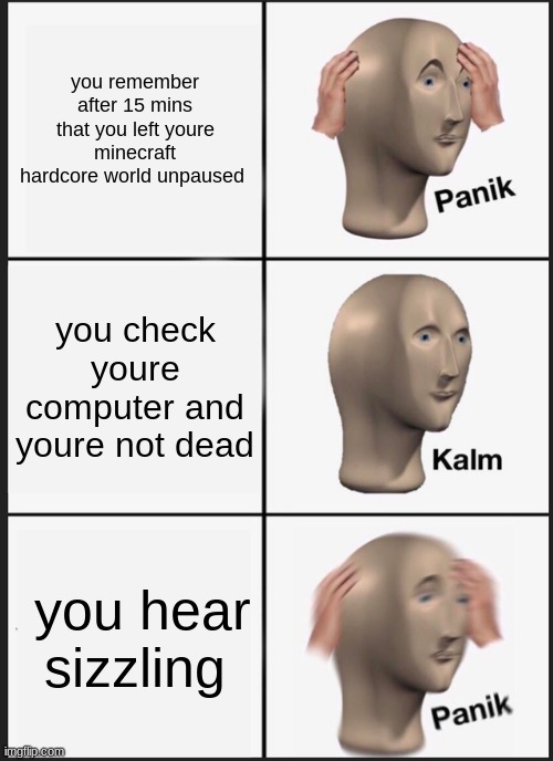 Panik Kalm Panik | you remember after 15 mins that you left youre minecraft hardcore world unpaused; you check youre computer and youre not dead; you hear sizzling | image tagged in memes,panik kalm panik | made w/ Imgflip meme maker