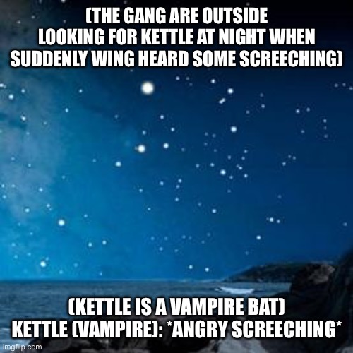 Kettle is a vampire bat! | (THE GANG ARE OUTSIDE LOOKING FOR KETTLE AT NIGHT WHEN SUDDENLY WING HEARD SOME SCREECHING); (KETTLE IS A VAMPIRE BAT) KETTLE (VAMPIRE): *ANGRY SCREECHING* | image tagged in nightsky,vampire | made w/ Imgflip meme maker