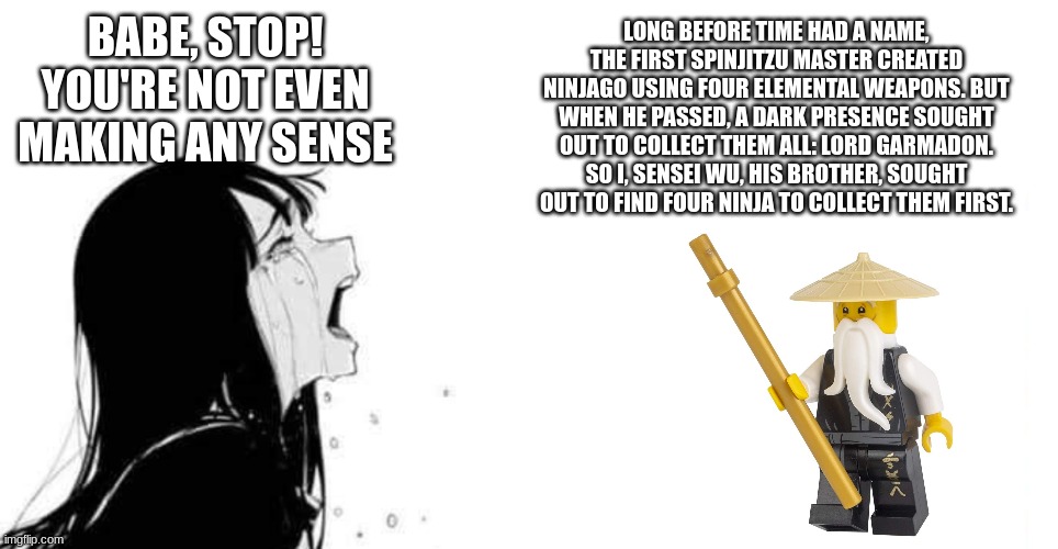long before time had a name | LONG BEFORE TIME HAD A NAME, THE FIRST SPINJITZU MASTER CREATED NINJAGO USING FOUR ELEMENTAL WEAPONS. BUT WHEN HE PASSED, A DARK PRESENCE SOUGHT OUT TO COLLECT THEM ALL: LORD GARMADON. SO I, SENSEI WU, HIS BROTHER, SOUGHT OUT TO FIND FOUR NINJA TO COLLECT THEM FIRST. BABE, STOP! YOU'RE NOT EVEN MAKING ANY SENSE | image tagged in you're not even making any sense,long before time had a name | made w/ Imgflip meme maker