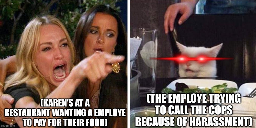 (RANDOM TITLE) | (KAREN'S AT A RESTAURANT WANTING A EMPLOYE TO PAY FOR THEIR FOOD); (THE EMPLOYE TRYING TO CALL THE COPS BECAUSE OF HARASSMENT) | image tagged in smudge the cat | made w/ Imgflip meme maker