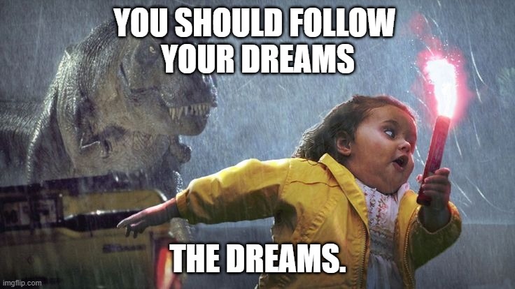 why you shouldn't follow your dreams | YOU SHOULD FOLLOW 
YOUR DREAMS; THE DREAMS. | image tagged in dreams | made w/ Imgflip meme maker