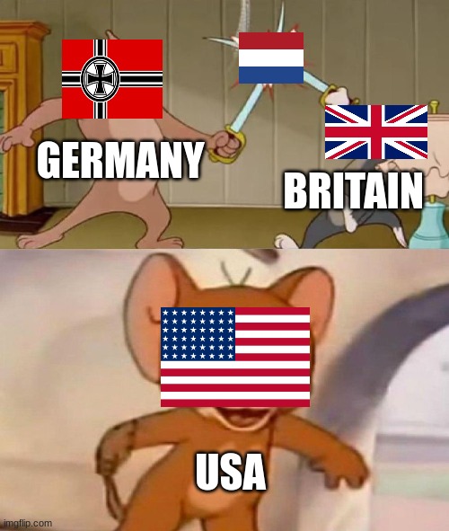 The trade war in hoi4 | GERMANY; BRITAIN; USA | image tagged in tom and jerry swordfight | made w/ Imgflip meme maker