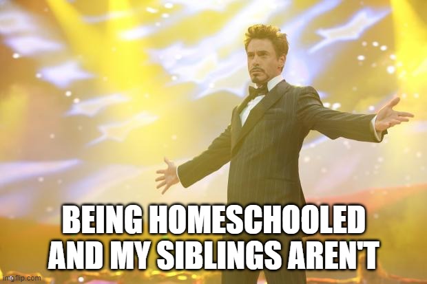 Tony Stark success | BEING HOMESCHOOLED AND MY SIBLINGS AREN'T | image tagged in tony stark success | made w/ Imgflip meme maker