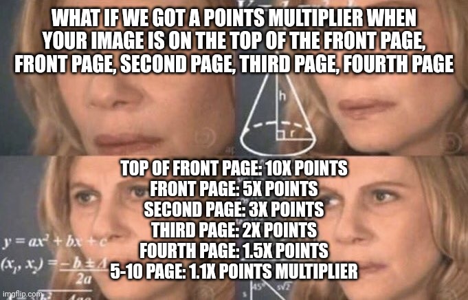 H | WHAT IF WE GOT A POINTS MULTIPLIER WHEN YOUR IMAGE IS ON THE TOP OF THE FRONT PAGE, FRONT PAGE, SECOND PAGE, THIRD PAGE, FOURTH PAGE; TOP OF FRONT PAGE: 10X POINTS
FRONT PAGE: 5X POINTS
SECOND PAGE: 3X POINTS
THIRD PAGE: 2X POINTS
FOURTH PAGE: 1.5X POINTS
5-10 PAGE: 1.1X POINTS MULTIPLIER | image tagged in confused woman | made w/ Imgflip meme maker