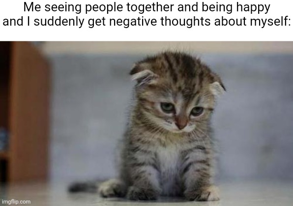 I hate it when it happens | Me seeing people together and being happy and I suddenly get negative thoughts about myself: | image tagged in sad kitten | made w/ Imgflip meme maker