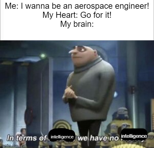 Me: I wanna be an aerospace engineer!
My Heart: Go for it!
My brain:; intelligence; intelligence | image tagged in relatable,in terms of money we have no money | made w/ Imgflip meme maker
