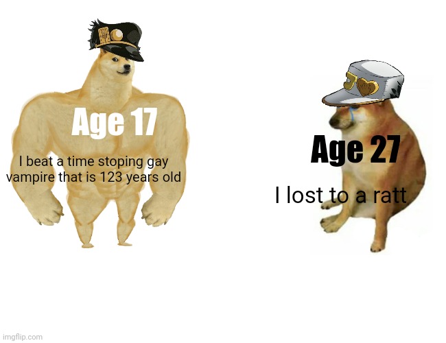 Nerf jotaro | Age 17; Age 27; I beat a time stoping gay vampire that is 123 years old; I lost to a ratt | image tagged in memes,buff doge vs cheems | made w/ Imgflip meme maker