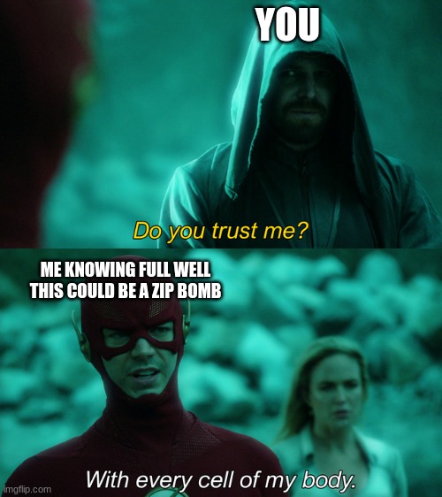 Do you trust me? | YOU ME KNOWING FULL WELL THIS COULD BE A ZIP BOMB | image tagged in do you trust me | made w/ Imgflip meme maker