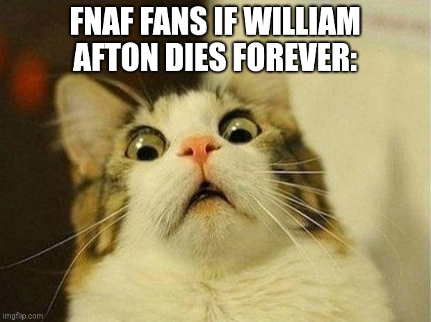 Scared Cat | FNAF FANS IF WILLIAM AFTON DIES FOREVER: | image tagged in memes,scared cat | made w/ Imgflip meme maker
