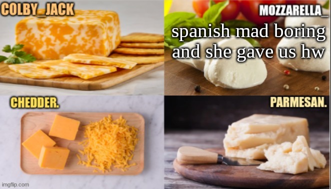 just her screaming at us for 45min | spanish mad boring and she gave us hw | image tagged in cheese | made w/ Imgflip meme maker