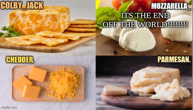 ? | ITS THE END OFF THE WORLD!!!!!!!! | image tagged in cheese | made w/ Imgflip meme maker