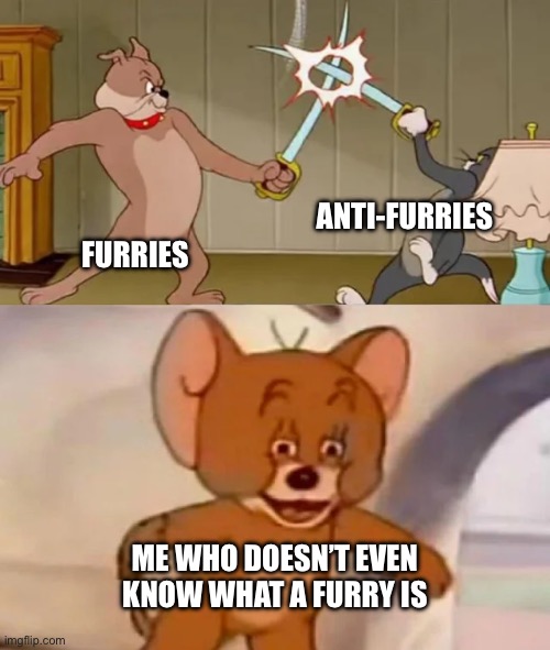 Now seriously, what is up with all of that? | ANTI-FURRIES; FURRIES; ME WHO DOESN’T EVEN KNOW WHAT A FURRY IS | image tagged in tom and spike fighting | made w/ Imgflip meme maker