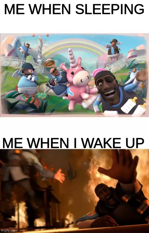 i love sleeping | ME WHEN SLEEPING; ME WHEN I WAKE UP | image tagged in pyrovision | made w/ Imgflip meme maker