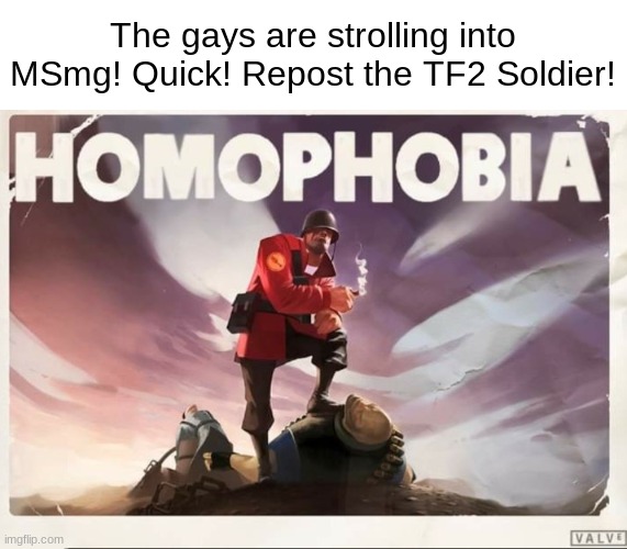Soldier TF2 Homophobia | The gays are strolling into MSmg! Quick! Repost the TF2 Soldier! | image tagged in soldier tf2 homophobia | made w/ Imgflip meme maker
