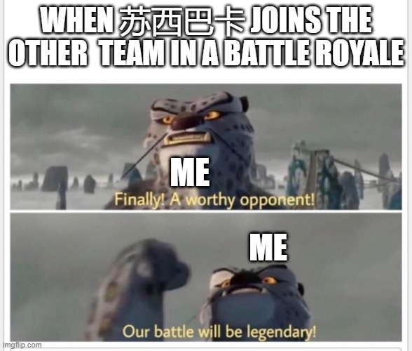 Finally! A worthy opponent! | WHEN 苏西巴卡 JOINS THE OTHER  TEAM IN A BATTLE ROYALE; ME; ME | image tagged in finally a worthy opponent | made w/ Imgflip meme maker