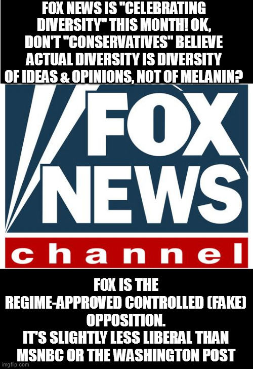 colorblind Fox blames urban crime on "Soros DA's: - who keeps voting them in? | FOX NEWS IS "CELEBRATING DIVERSITY" THIS MONTH! OK, DON'T "CONSERVATIVES" BELIEVE ACTUAL DIVERSITY IS DIVERSITY OF IDEAS & OPINIONS, NOT OF MELANIN? FOX IS THE REGIME-APPROVED CONTROLLED (FAKE) OPPOSITION.
IT'S SLIGHTLY LESS LIBERAL THAN MSNBC OR THE WASHINGTON POST | image tagged in fox news | made w/ Imgflip meme maker