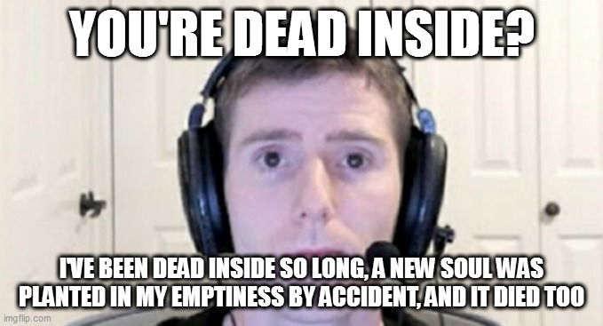 ded soul | YOU'RE DEAD INSIDE? I'VE BEEN DEAD INSIDE SO LONG, A NEW SOUL WAS PLANTED IN MY EMPTINESS BY ACCIDENT, AND IT DIED TOO | image tagged in dead inside youtuber | made w/ Imgflip meme maker