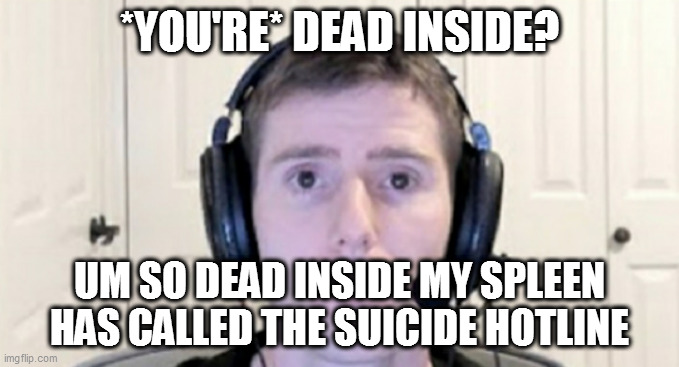 d i | *YOU'RE* DEAD INSIDE? UM SO DEAD INSIDE MY SPLEEN HAS CALLED THE SUICIDE HOTLINE | image tagged in dead inside youtuber | made w/ Imgflip meme maker