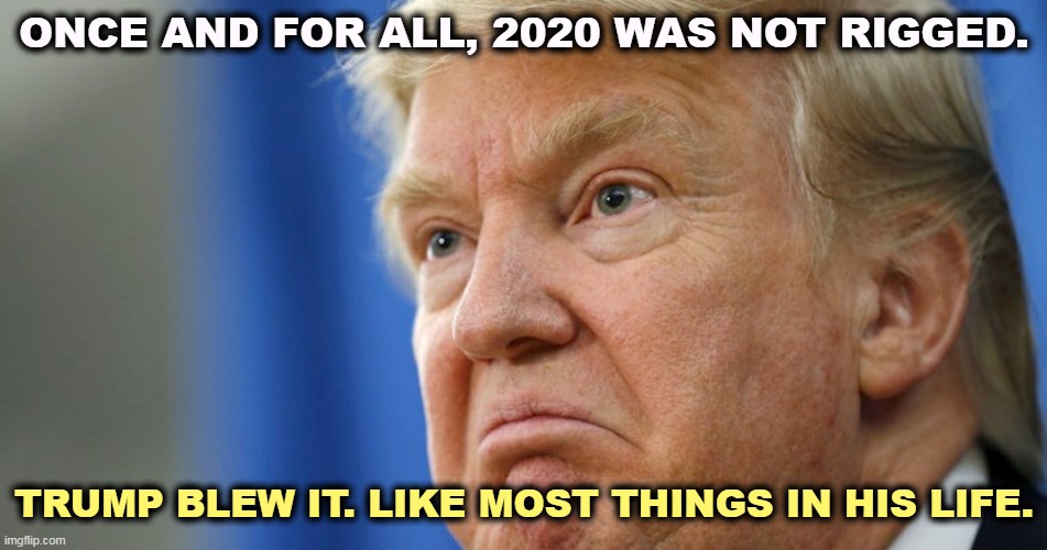 ONCE AND FOR ALL, 2020 WAS NOT RIGGED. TRUMP BLEW IT. LIKE MOST THINGS IN HIS LIFE. | image tagged in trump,election 2020,failure,excuses | made w/ Imgflip meme maker