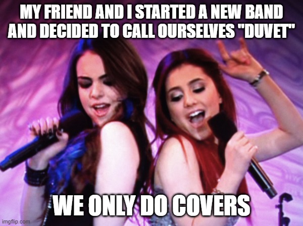 Jade and Cat Duet | MY FRIEND AND I STARTED A NEW BAND AND DECIDED TO CALL OURSELVES "DUVET"; WE ONLY DO COVERS | image tagged in jade and cat duet | made w/ Imgflip meme maker
