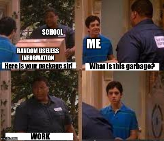Facts though | SCHOOL; ME; RANDOM USELESS INFORMATION; Here is your package sir! What is this garbage? WORK | image tagged in here is your package | made w/ Imgflip meme maker