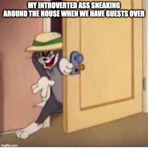 must hide | MY INTROVERTED ASS SNEAKING AROUND THE HOUSE WHEN WE HAVE GUESTS OVER | image tagged in sneaky tom | made w/ Imgflip meme maker