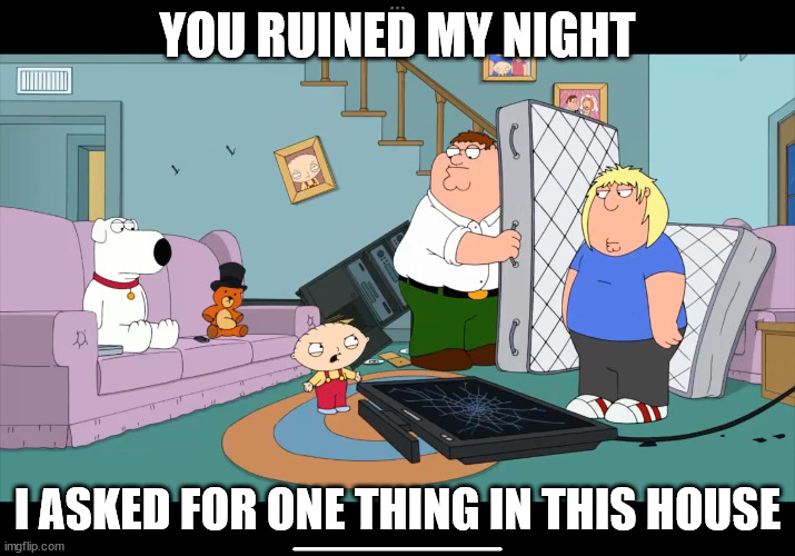 stewie griffin tantrum | YOU RUINED MY NIGHT; I ASKED FOR ONE THING IN THIS HOUSE | image tagged in family guy,stewie,brian griffin,peter griffin | made w/ Imgflip meme maker