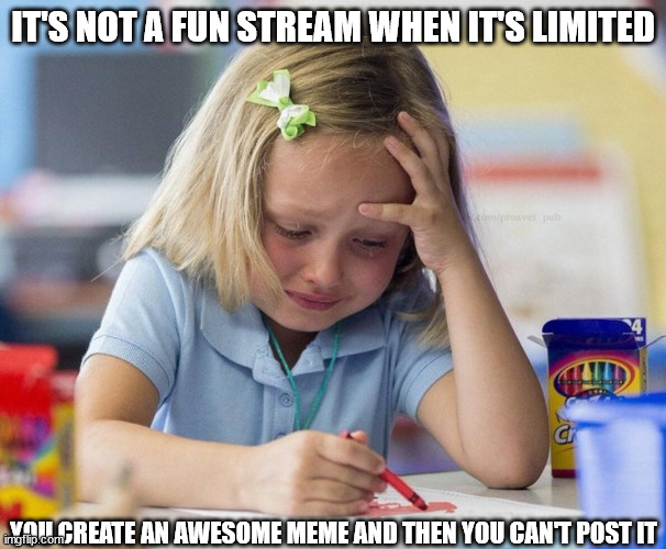 Limited Fun | IT'S NOT A FUN STREAM WHEN IT'S LIMITED; YOU CREATE AN AWESOME MEME AND THEN YOU CAN'T POST IT | image tagged in crying girl drawing,fun,limited,meme,awesome | made w/ Imgflip meme maker