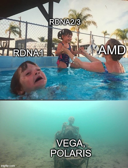 AMD Driver Support | RDNA2/3; AMD; RDNA1; VEGA, POLARIS | image tagged in mother ignoring kid drowning in a pool | made w/ Imgflip meme maker