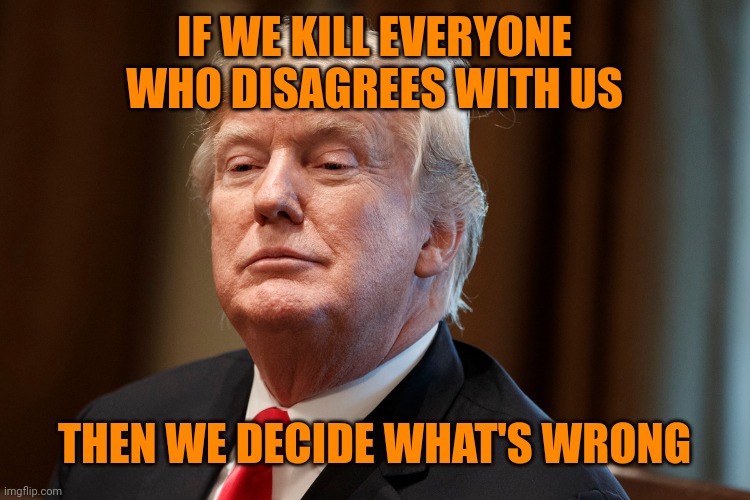 Trump | IF WE KILL EVERYONE WHO DISAGREES WITH US THEN WE DECIDE WHAT'S WRONG | image tagged in trump | made w/ Imgflip meme maker