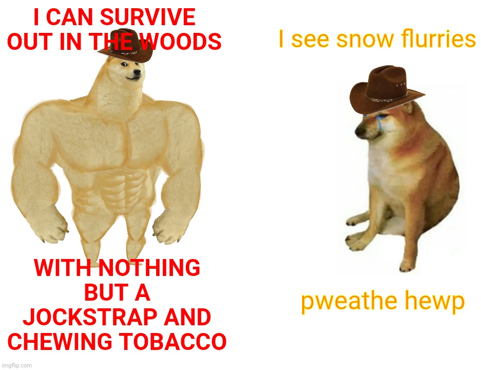 Buff Doge vs. Cheems Meme | I CAN SURVIVE OUT IN THE WOODS; I see snow flurries; WITH NOTHING BUT A JOCKSTRAP AND CHEWING TOBACCO; pweathe hewp | image tagged in memes,buff doge vs cheems,rednecks,gop,republicans,maga | made w/ Imgflip meme maker