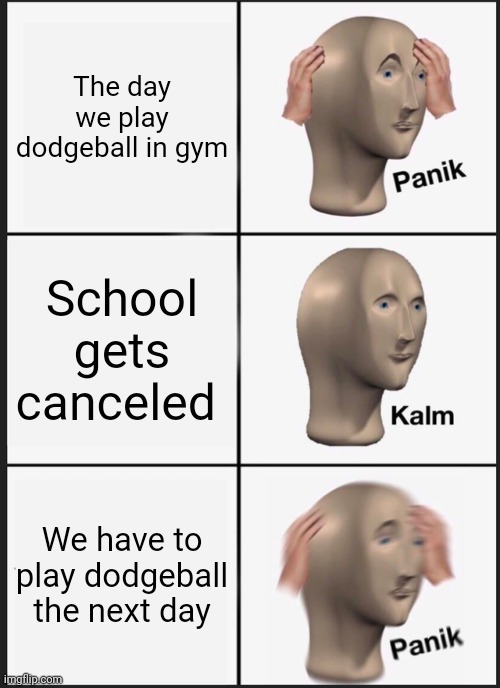 Save me from dodgeball please! | The day we play dodgeball in gym; School gets canceled; We have to play dodgeball the next day | image tagged in memes,panik kalm panik | made w/ Imgflip meme maker