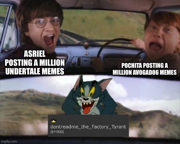 Pp very soft | POCHITA POSTING A MILLION AVOGADO6 MEMES; ASRIEL POSTING A MILLION UNDERTALE MEMES | image tagged in tom chasing harry and ron weasly | made w/ Imgflip meme maker