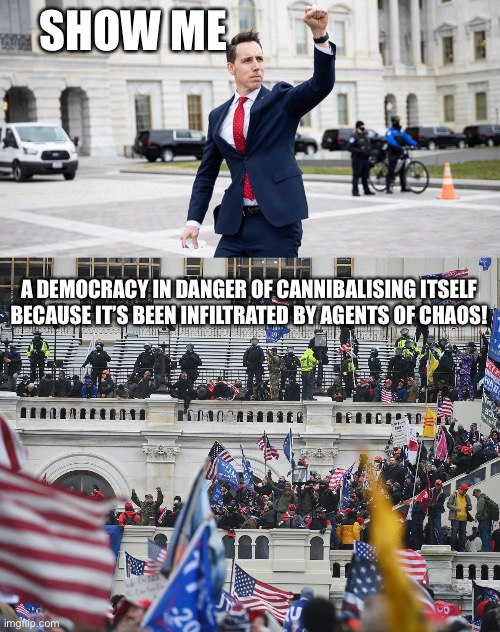 SHOW ME; A DEMOCRACY IN DANGER OF CANNIBALISING ITSELF BECAUSE IT’S BEEN INFILTRATED BY AGENTS OF CHAOS! | image tagged in traitor josh hawley,insurrection jan 6th 2021 | made w/ Imgflip meme maker