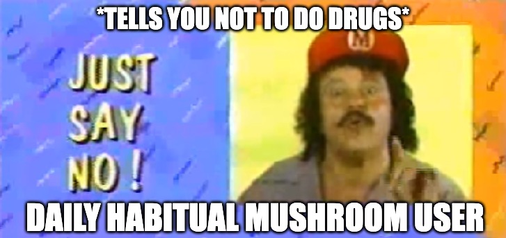 Mama Me'yah I'm a hypocrite! | *TELLS YOU NOT TO DO DRUGS*; DAILY HABITUAL MUSHROOM USER | image tagged in mario,super smash bros | made w/ Imgflip meme maker