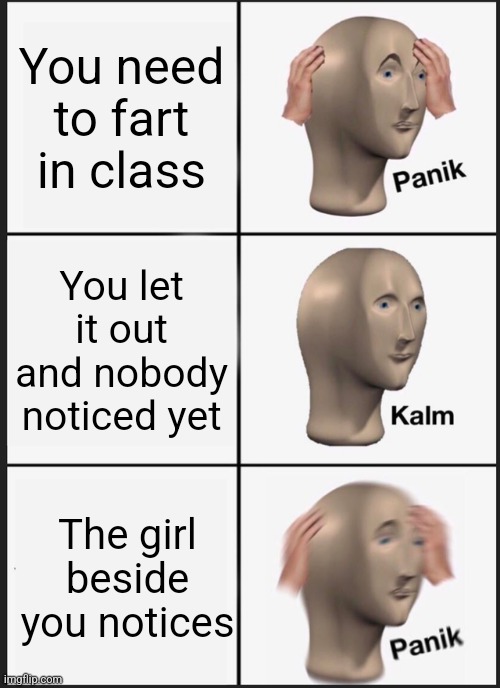 Panik Kalm Panik | You need to fart in class; You let it out and nobody noticed yet; The girl beside you notices | image tagged in memes,panik kalm panik | made w/ Imgflip meme maker