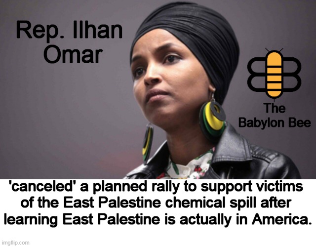 "Is that where all the white people live?" said a disappointed Omar to her brother while they were out on a Valentine's Day date | Rep. Ilhan 
Omar; The Babylon Bee; 'canceled' a planned rally to support victims 
of the East Palestine chemical spill after 
learning East Palestine is actually in America. | image tagged in politics,ilhan omar,political humor,palestine,squad,babylon bee | made w/ Imgflip meme maker