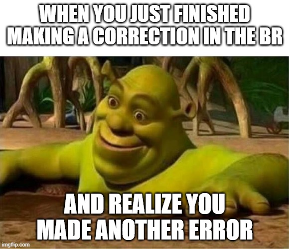 Good Documentation Practices | WHEN YOU JUST FINISHED MAKING A CORRECTION IN THE BR; AND REALIZE YOU MADE ANOTHER ERROR | image tagged in shrek,gdp,manufacturing | made w/ Imgflip meme maker