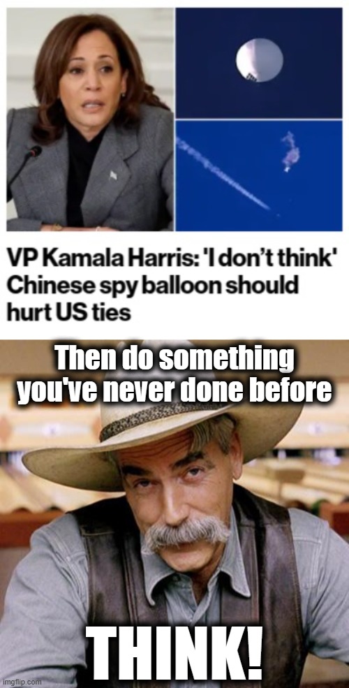 You convinced us with "I don't think" | Then do something you've never done before; THINK! | image tagged in sarcasm cowboy,memes,kamala harris,democrats,china,chinese spy balloon | made w/ Imgflip meme maker