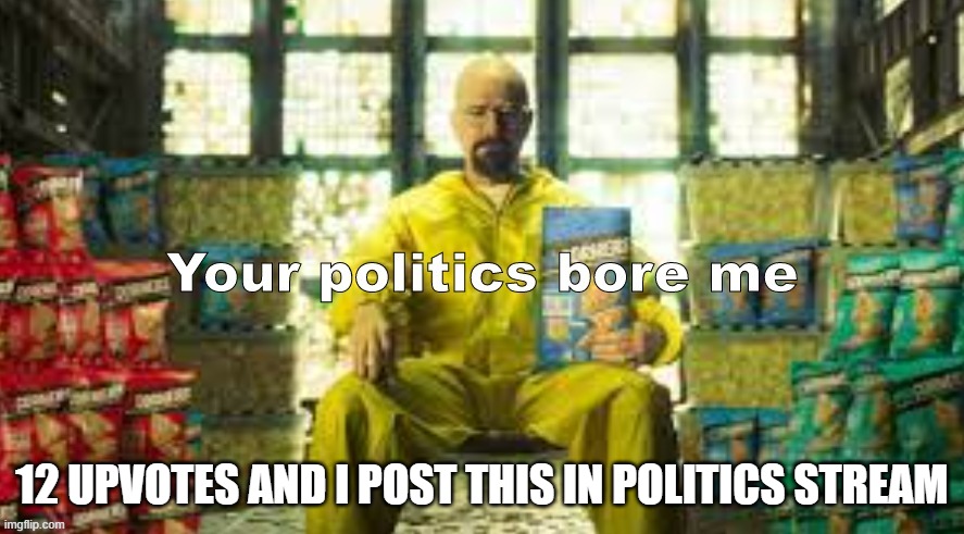i will do it | 12 UPVOTES AND I POST THIS IN POLITICS STREAM | image tagged in your politics bore me walter version | made w/ Imgflip meme maker