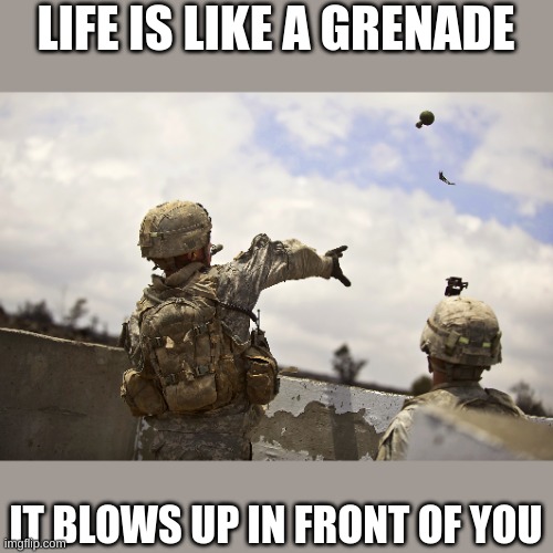 True unfortunately | LIFE IS LIKE A GRENADE; IT BLOWS UP IN FRONT OF YOU | image tagged in grenade toss | made w/ Imgflip meme maker