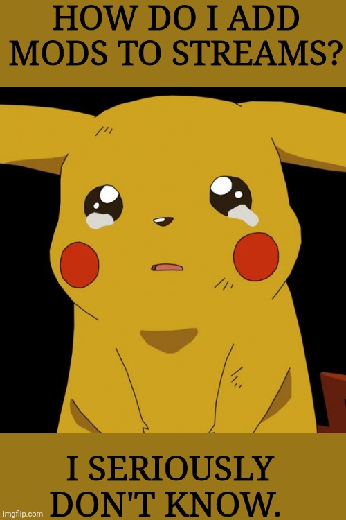Help pls | HOW DO I ADD MODS TO STREAMS? I SERIOUSLY DON'T KNOW. | image tagged in pikachu crying | made w/ Imgflip meme maker