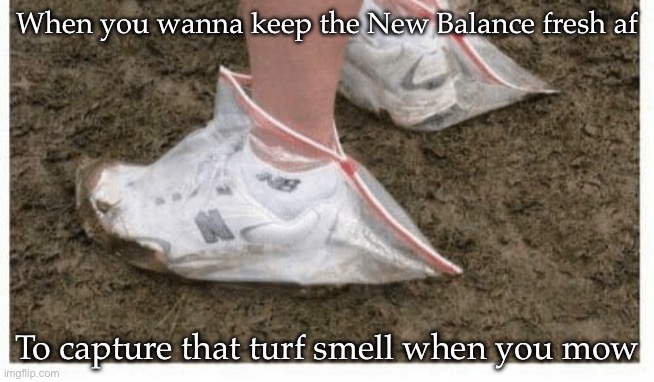 Sort of | When you wanna keep the New Balance fresh af; To capture that turf smell when you mow | image tagged in ziploc new balance,grass,lawn | made w/ Imgflip meme maker