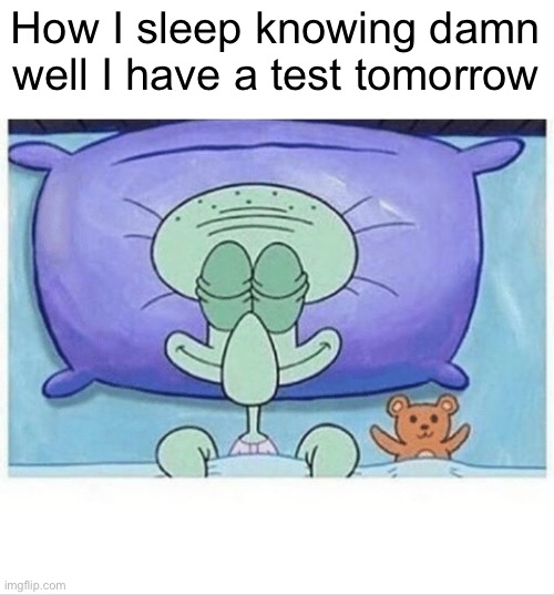 I have a test tomorrow, I’m not worried about it | How I sleep knowing damn well I have a test tomorrow | image tagged in squidward how i sleep | made w/ Imgflip meme maker