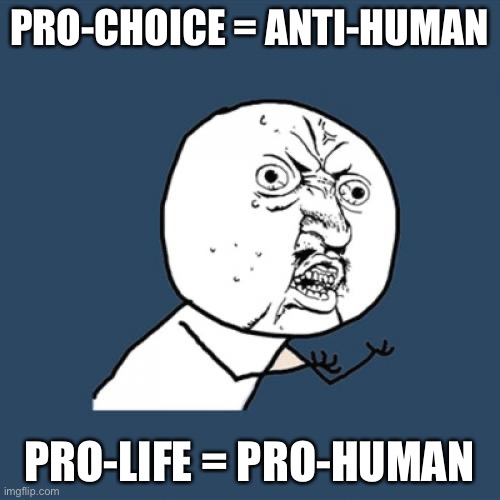 Y U No Meme | PRO-CHOICE = ANTI-HUMAN; PRO-LIFE = PRO-HUMAN | image tagged in memes,y u no | made w/ Imgflip meme maker