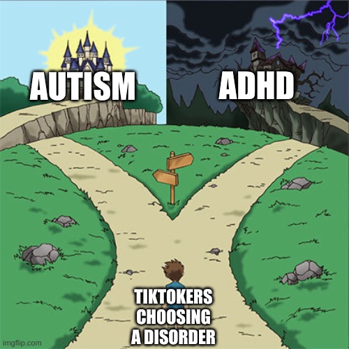We all know that when people are born they choose a disease and make a tiktok about it right? | ADHD; AUTISM; TIKTOKERS CHOOSING A DISORDER | image tagged in two paths,tiktok sucks,ikr,autism,adhd | made w/ Imgflip meme maker