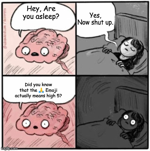 It's True! | Yes, Now shut up. Hey, Are you asleep? Did you know that the 🙏 Emoji actually means high 5? | image tagged in brain before sleep,emoji,fun fact | made w/ Imgflip meme maker