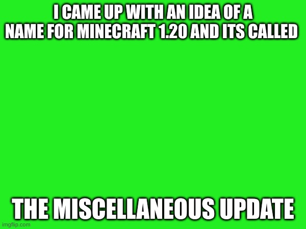 ah yes | I CAME UP WITH AN IDEA OF A NAME FOR MINECRAFT 1.20 AND ITS CALLED; THE MISCELLANEOUS UPDATE | image tagged in minecraft,random | made w/ Imgflip meme maker