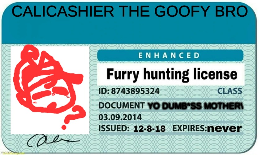 furry hunting license | CALICASHIER THE GOOFY BRO; YO DUMB*SS MOTHER\ | image tagged in furry hunting license | made w/ Imgflip meme maker